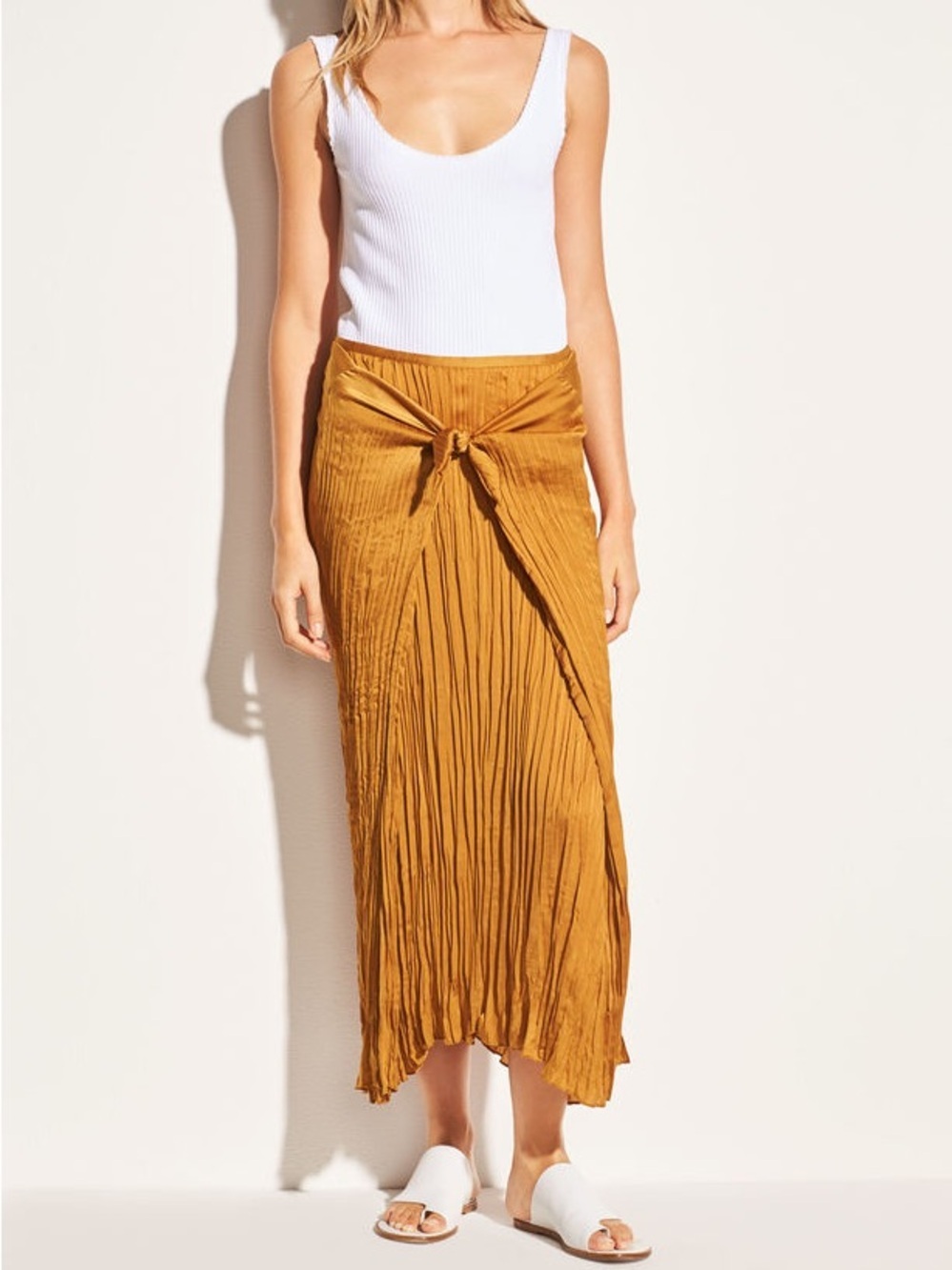 Vince Pleated Tumeric Sz S Crepe De Chin Tie Front Midi Skirt
